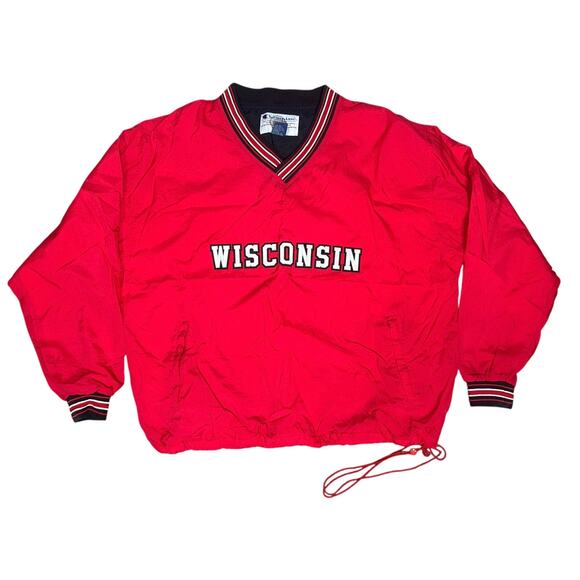 Vintage 90's Champion Wisconsin Badgers red Pullover V-Neck Windbreaker size XXL - Picture 1 of 9